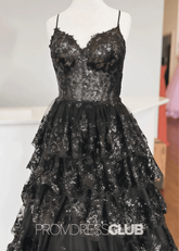 Madeline |Black Long Prom Dresses Near Me With A Line Spaghetti Straps Tiered Lace - Price #price_variant_lowest# - Black - PromDressClub